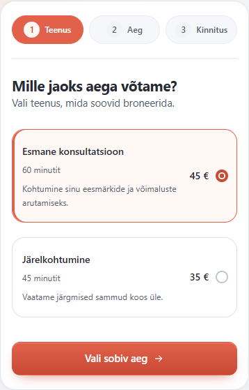 Teenuse valik Bronero kliendilehel